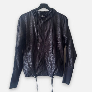 Zyia Active Black Leopard Windbreaker Jacket Small Zip-Up Hooded
